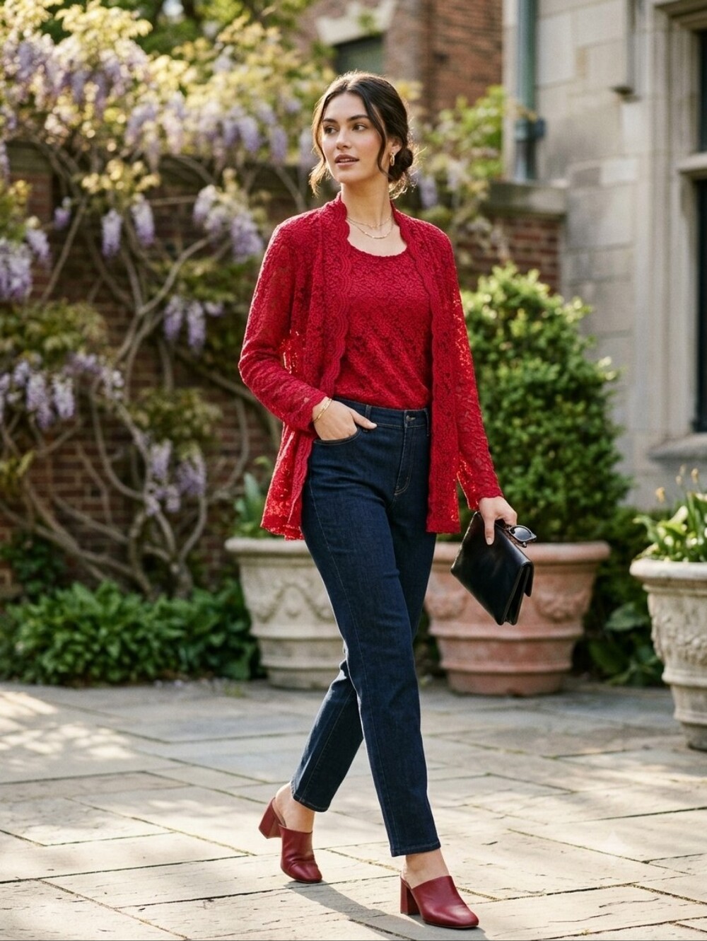 Susan Graver Style 2-Pc Red Lace Cardigan & Tank Twin Set Size S Romantic Coquet